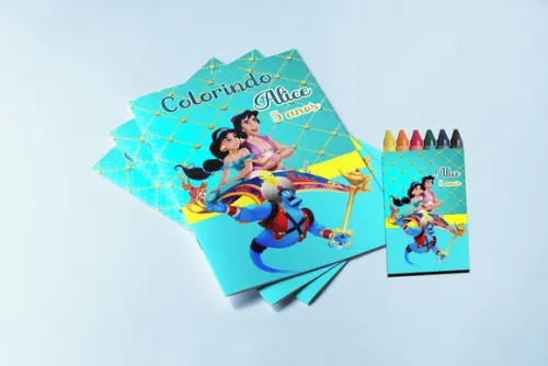 Revista e Giz de Cera para Colorir da Jasmine e Aladim