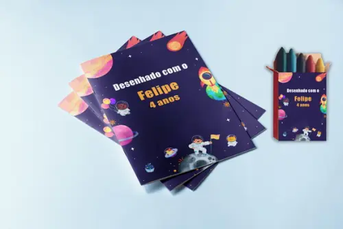 Revistinha Colorir e Giz Cera Personalizada do Astronauta