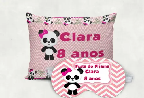 Kit Almofada e Mascara de Dormir Ursinho Panda Rosa