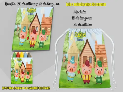 Kit Colorir dos 3 Porquinhos Mochila e Revista com Giz
