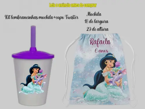 Kit Lembrancinhas da Jasmine Mochilinha + Copo Twister