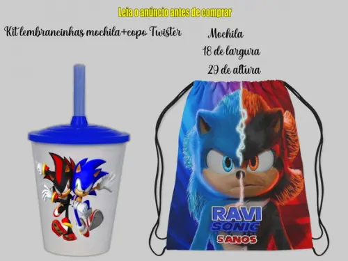 Kit Lembrancinhas de Aniversario Sonic Mochila + Copo