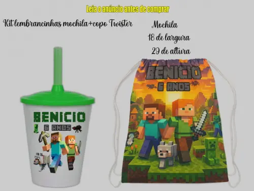 Kit Lembrancinhas do Minecraft Mochilinha e Copo