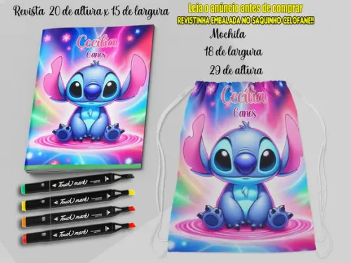 Kit Mochila +revista de Colorir do Sticth + Canetinhas