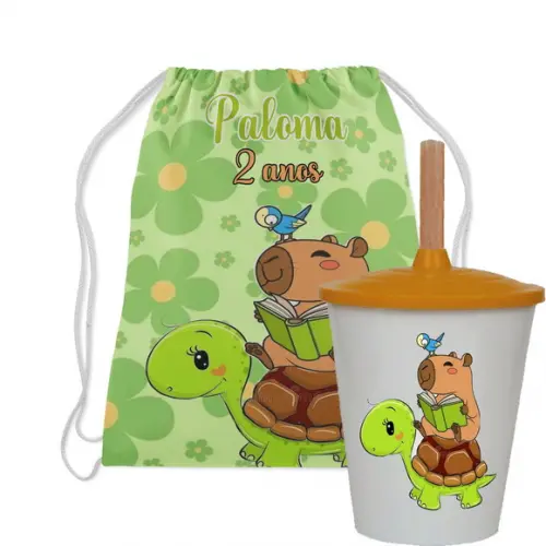 Kit Mochila e Copo Twister Lembrancinhas Capivara