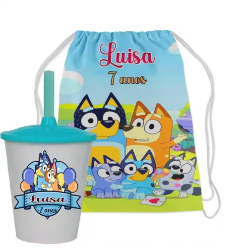 Kit Mochila e Copo Twister Personalizado do Bluey e Bingo