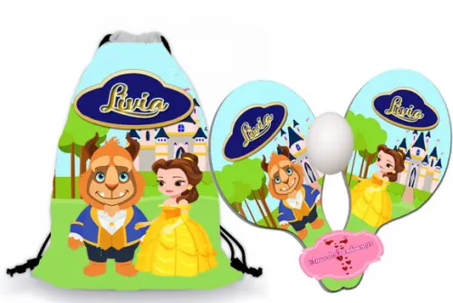 Kit Mochilinha +raquete mdf Personalizada Bela e a Fera Baby