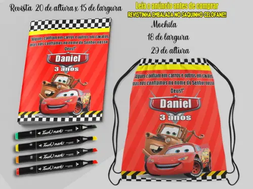 Kit Mochilinha e Revista de Colorir do Carros Disney