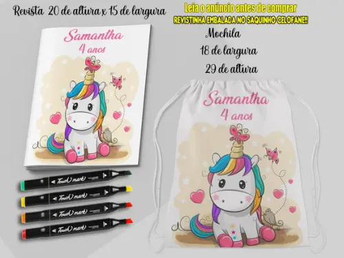 Kit Mochilinha+revista de Colorir + Canetinhas do Unicornio