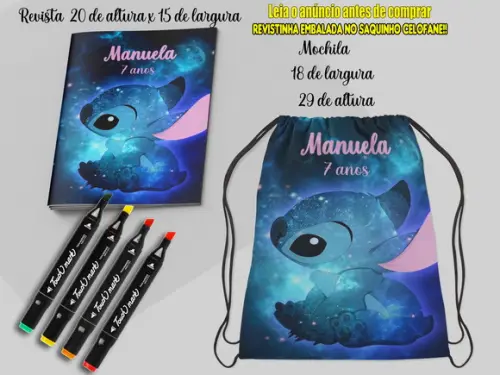 Kit Mochilinha+revista de Colorir com Canetinhas do Stitch