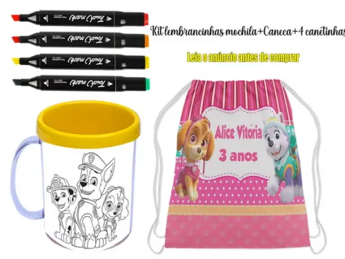 Kit Mochlinha +caneca de Colorir+canetinhas Skye e Everest