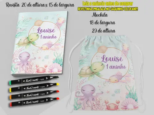 Mochilinha + Revista de Colorir com Canetinha Fundo do Mar