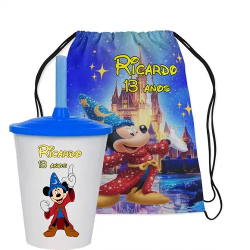 Mochilinha e Copo Lembrancinhas do Mickey Feiticeiro