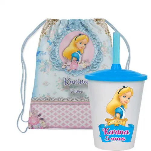 Mochilinha e Copo Twister da Alice no Pais das Maravilhas