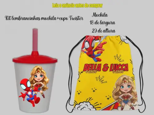 Mochilinha e Copo Twister Homem Aranha e Mulher Maravilha