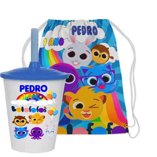 Mochilinha e Copo Twister Lembrancinhas Bolofofos