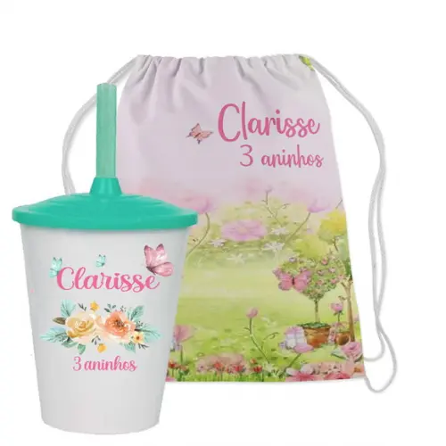 Mochilinha e Copo Twister Jardim Encantado