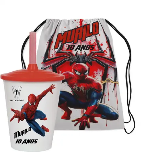 Mochilinha e Copo Twister para Lembrancinhas do Homem Aranha