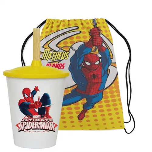 Mochilinha e Copo Twister para Lembrancinhas do Homem Aranha