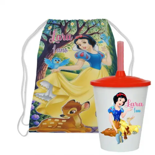 Mochilinha e Copo Twister Personalizado da Branca de Neve