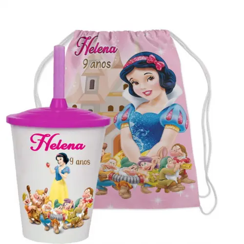 Mochilinha e Copo Twister Personalizado da Branca de Neve