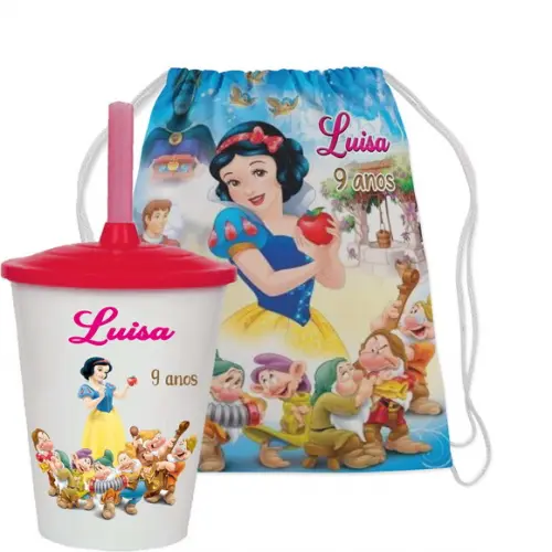 Mochilinha e Copo Twister Personalizado da Branca de Neve