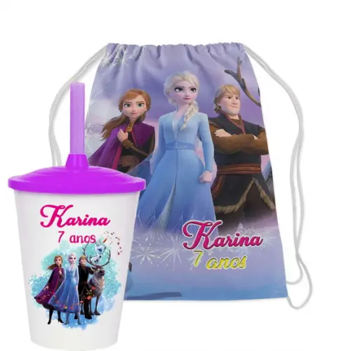 Mochilinha e Copo Twister Personalizado da Ana e Elza Frozen