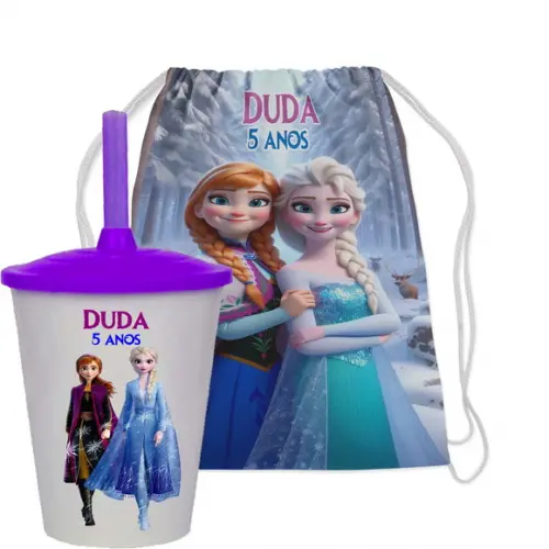 Mochilinha e Copo Twister Personalizado da Ana e Elza Frozen