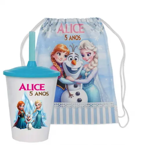 Mochilinha e Copo Twister Personalizado da Ana e Elza Frozen
