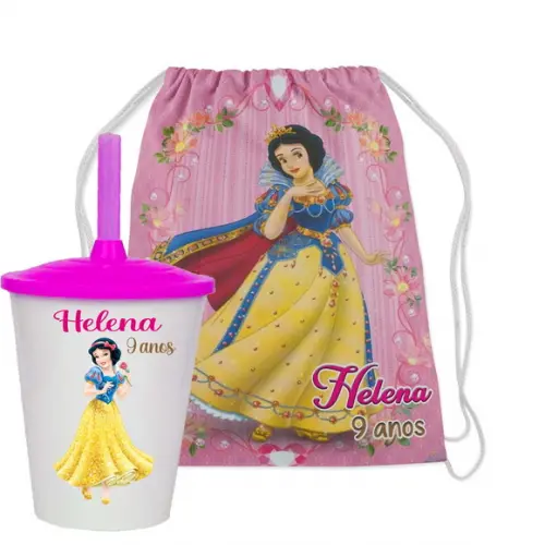 Mochilinha e Copo Twister Personalizado da Branca de Neve