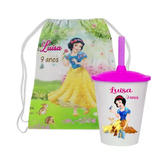 Mochilinha e Copo Twister Personalizado da Branca de Neve