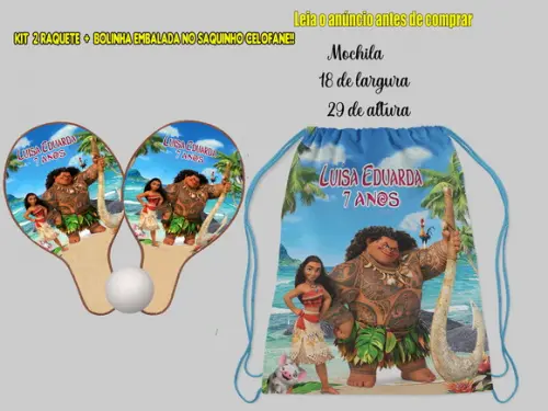 Mochilinha e Raquete Ping Pong para Lembrancinhas da Moana