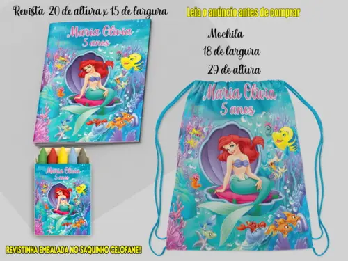 Mochilinha e Revista de Colorir da Sereia Ariel