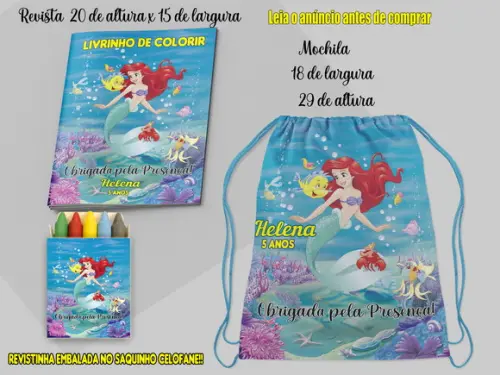 Mochilinha e Revista de Colorir da Sereia Ariel
