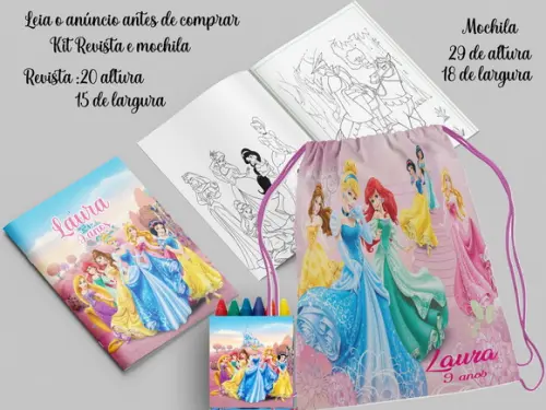 Mochilinha e Revista de Colorir das Princesas Disney