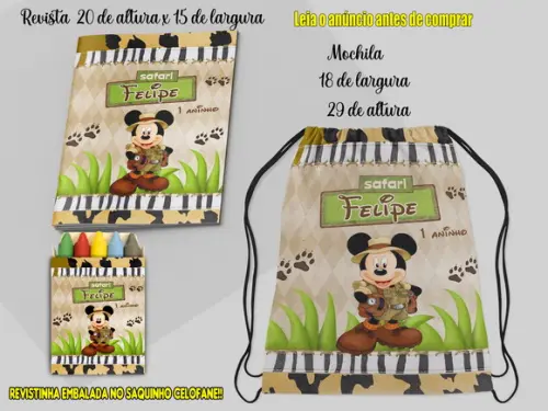 Mochilinha e Revista de Colorir do Mickey Safari
