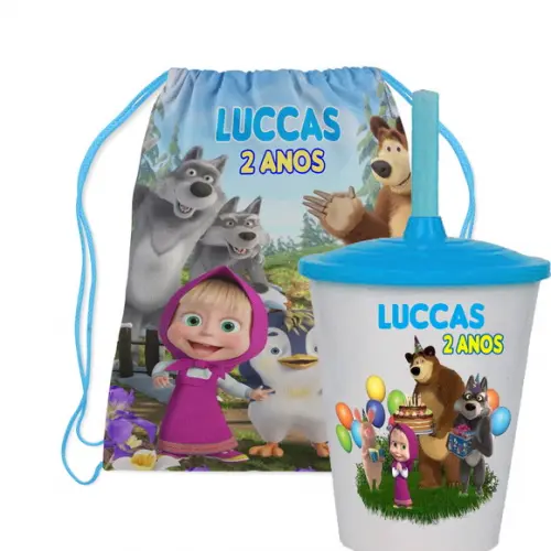 Mochilinha Personalizada +copo Twister da Marsha e o Urso