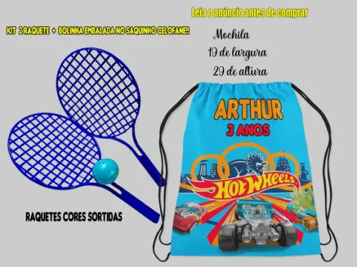 Mochilinha Personalizada Hot Wheells + Par de Raquete lembrancinhas de aniversario  Hot Wheels