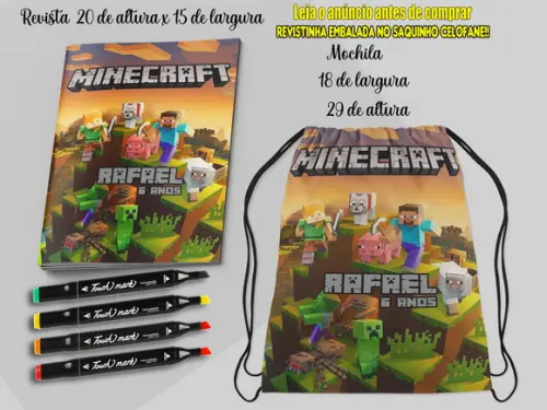 Mochilinha+revista Colorir com Canetinhas  lembrancinhas do Minec