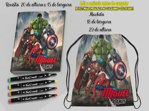 Mochilinha+revista de Colorir  lembrancinha dos Vingadores da Mar