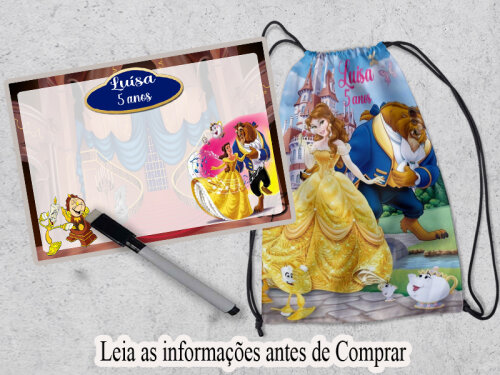 kit mochilinha e lousa lembrancinhas de aniversario da bela e a fera