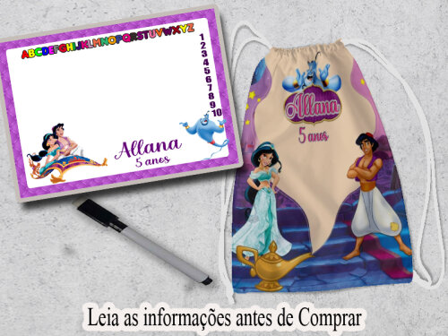 kit mochila e lousa magica lembrancinhas de aniversario da Princesa Jasmine e Aladim