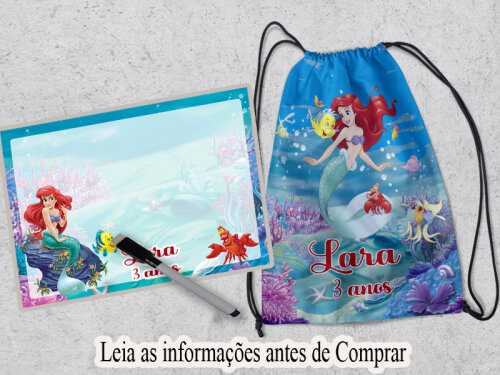kit mochila e Lousa Magica Personalizada lembrancinhas de aniversario da Sereia ariel