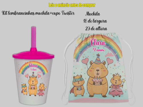Kit Mochilinha e Copo Twister lembrancinhas da Capivara