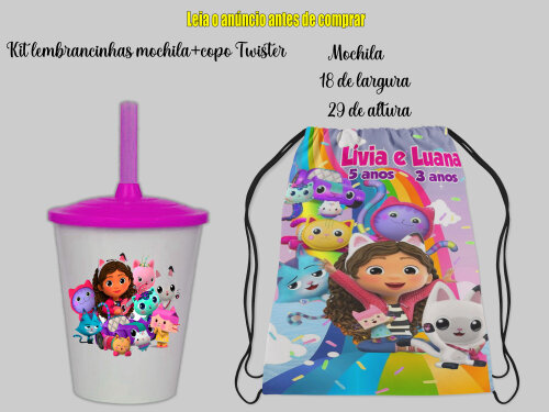 Kit mochilinha e copo twister lembrancinhas da Casa Magica da Gabby