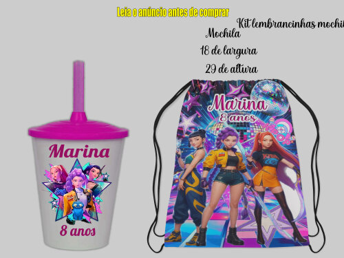 Kit mochilinha e copo twister lembrancinhas das Guerreiras K-POP