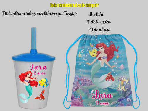 Kit mochilinha e copo twister personalizado para lembrancinhas da Sereia Ariel