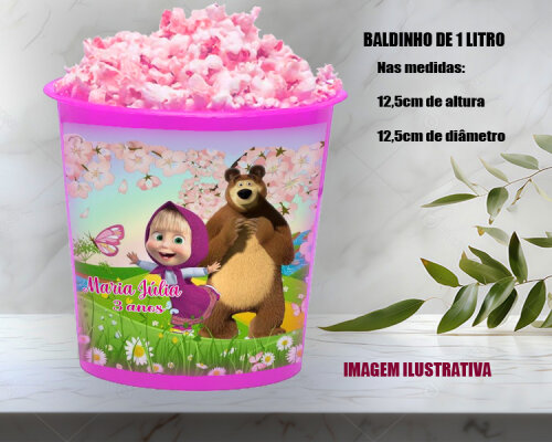 Balde de pipoca personalizado para lembrancinhas da Marsha e o Urso