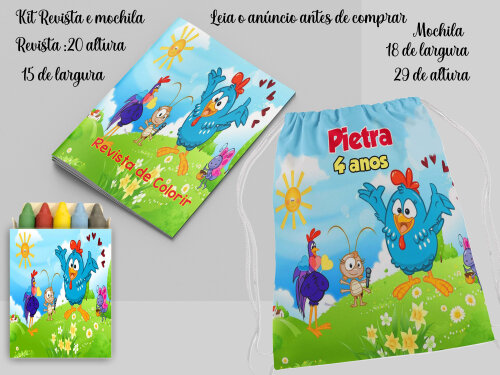 kit Mochilinha e Revista de colorir lembrancinhas da Galinha Pint