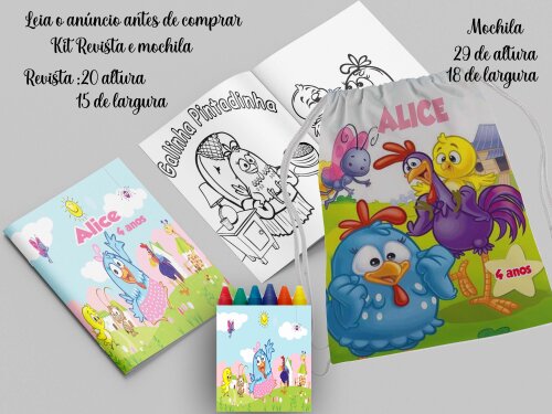 kit Mochilinha e Revista de colorir lembrancinhas da Galinha Pint